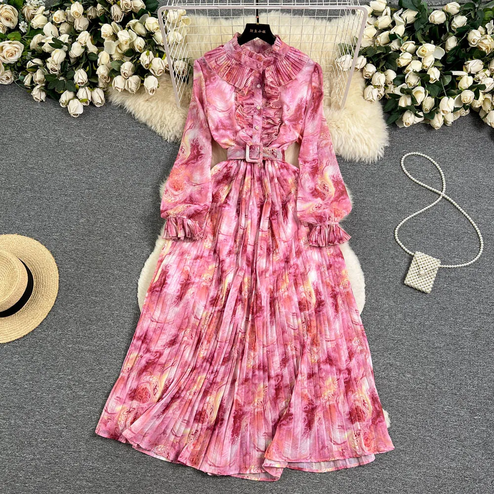 Casual Dresses 2023 French Tie-dye Print Long-sleeve Pleated Dress Women Thin Chiffon New Fashion Party Clothing Vestidos Elegantes Para Mujer