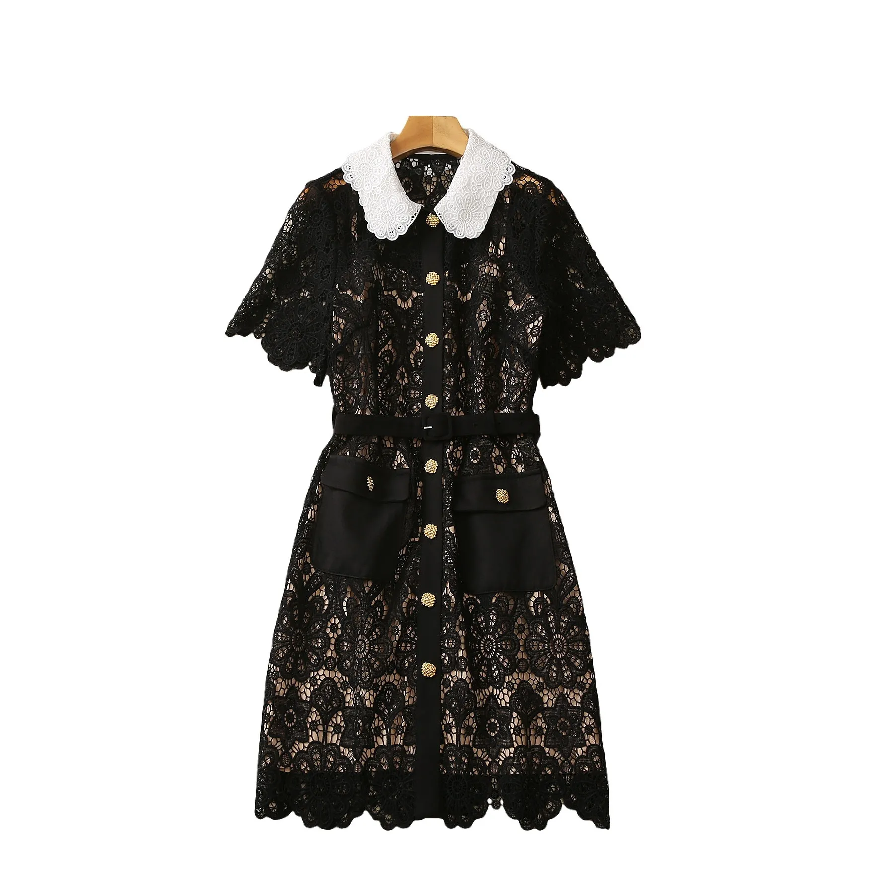 Black Belted Floral lace panel dress with Double Pockets - Short Sleeve, Peter Pan Neck, Contrast Color - Perfect for Summer 2023 (S3W130511)