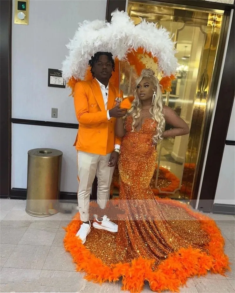 open lace back dress Sparkly Orange Sequins Mermaid Long Prom Dress