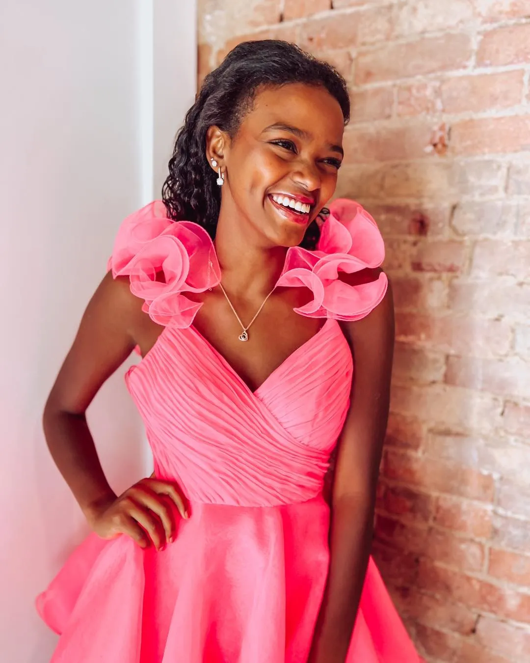 Hot Pink Hoco Ruffe Pink Flowy Homecoming Dress With V Neck And