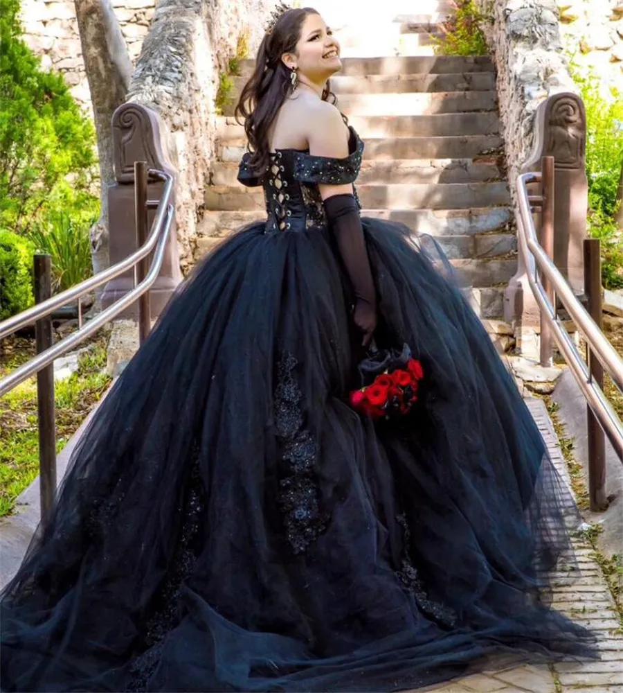 Abiti Quinceanera Messicani Neri 2023 Pizzo Con Perline Di Lusso