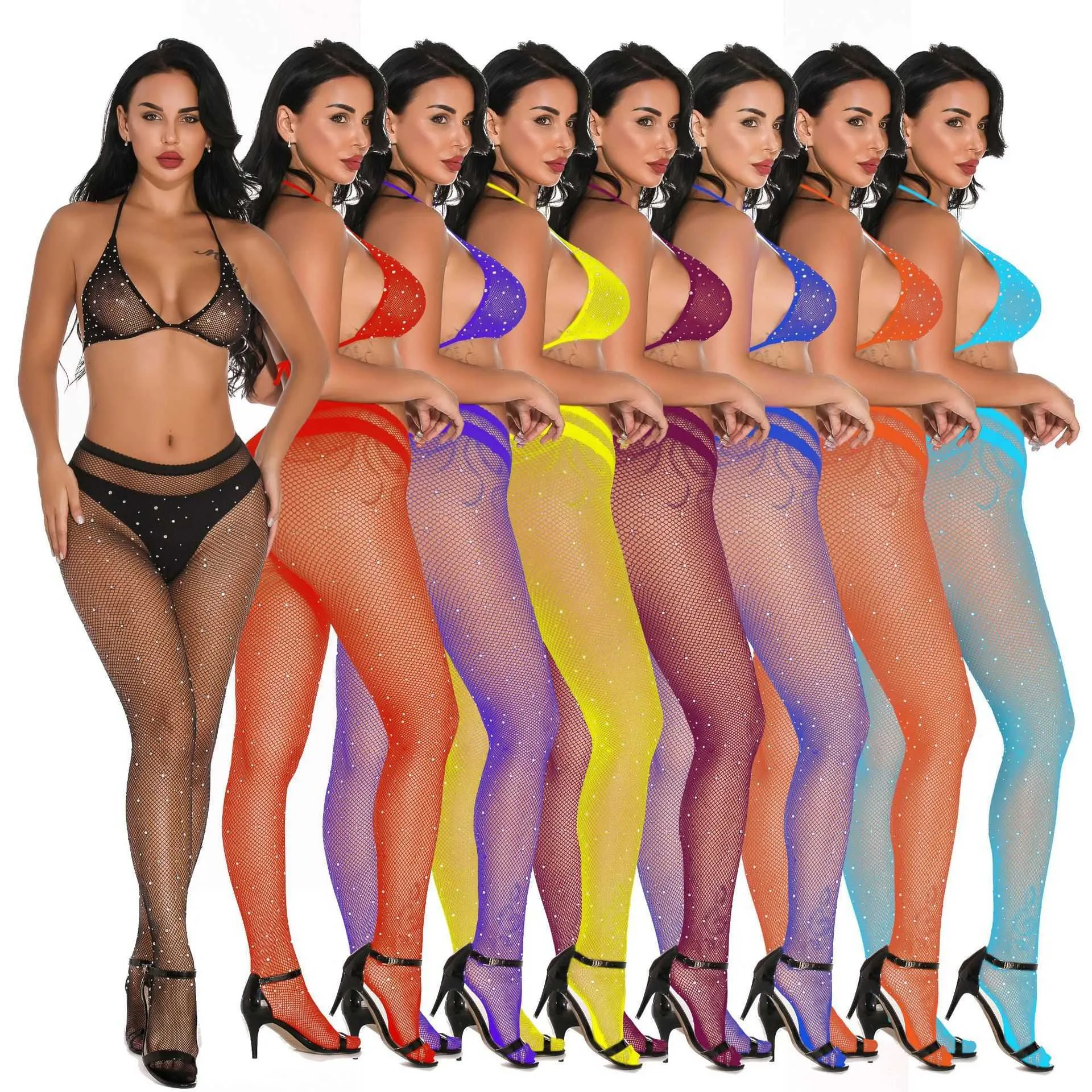 Women Sexy Diamond Colored Diamond Shiny Mesh Long Sleeves Pantyhose Sexy  Lingerie Underwear Cleavage Cover up No
