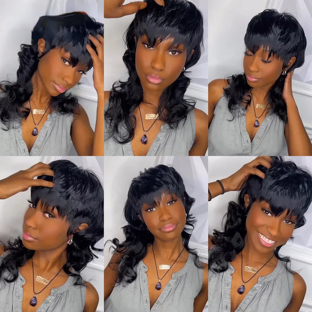 Brazilian Remy Human Hair Short Pixie Cut Wigs Full Lace Front Wig With Bangs Black /Brown/Blonde Body Wave Wigs For Women