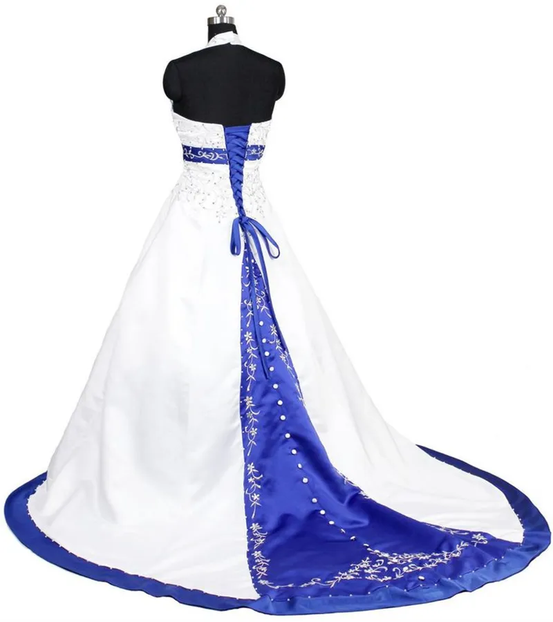 White With Royal Blue Gothic Wedding Dress 2023 Retro Embroidery Beaded Dropshipping V Neck Beach Boho Bride Gowns Corset Satin Vestidos De Novia Robe De Mariee From 102 7 DHgate