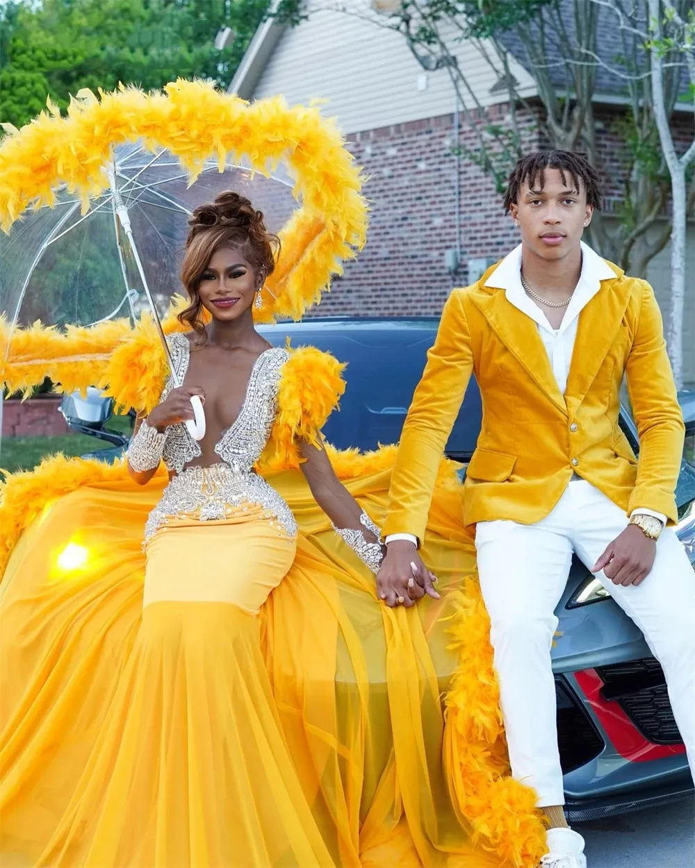 Robe de bal sirene jaune avec plumes legeres perles de cristal argentees robes de soiree d anniversaire pour filles noires