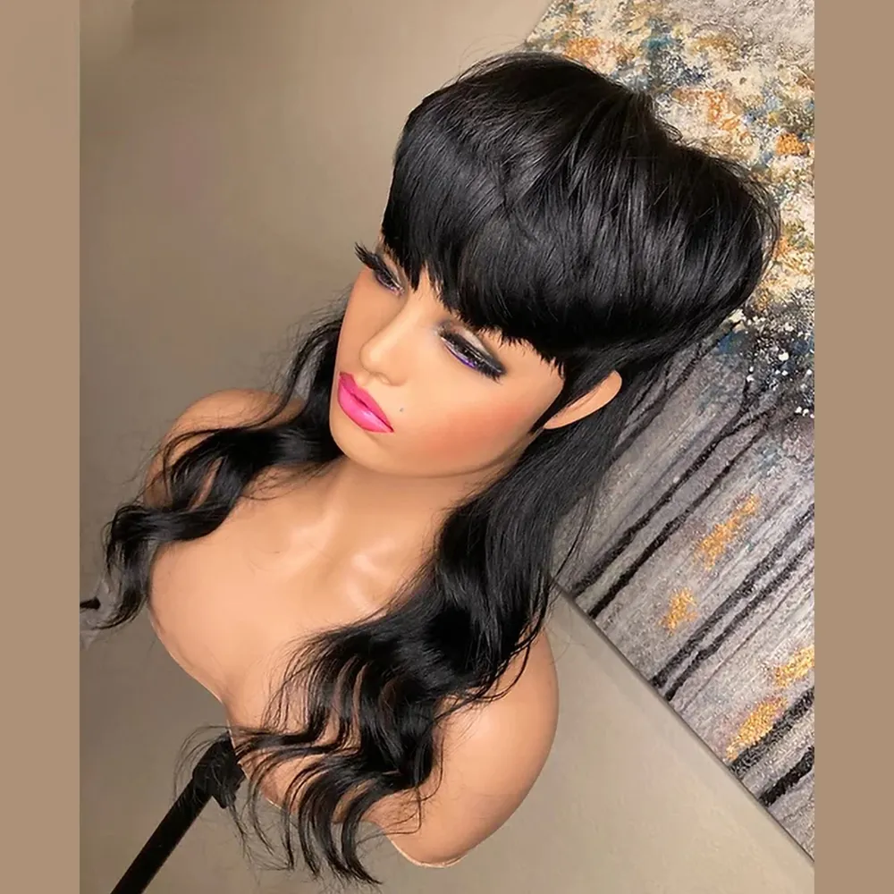 Brazilian Remy Human Hair Short Pixie Cut Wigs Full Lace Front Wig With Bangs Black /Brown/Blonde Body Wave Wigs For Women