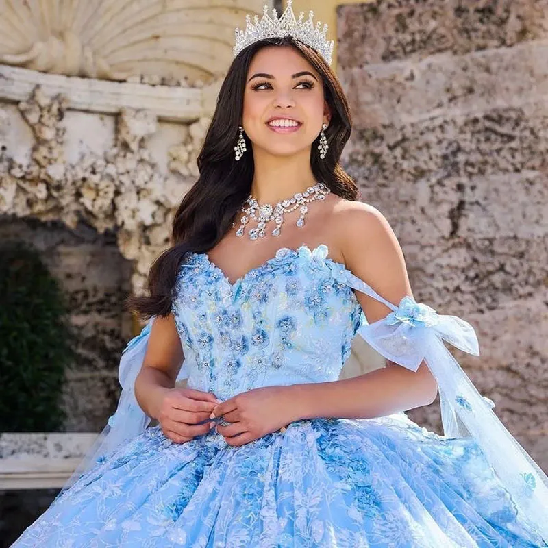 Vestido azul claro dulce 16 Quincea era fuera del hombro apliques lentejuelas flores rebordear princesa vestido De fiesta Vestidos De 15 Anos