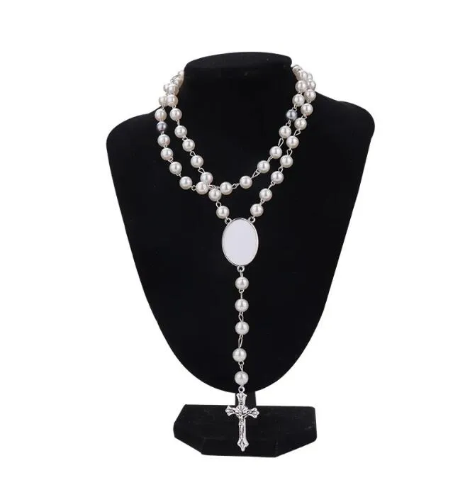 2023 New Trendy Sublimation Blank Rosary Necklace Cross Pendant Necklace With Oval Insert Diy Photos Gift