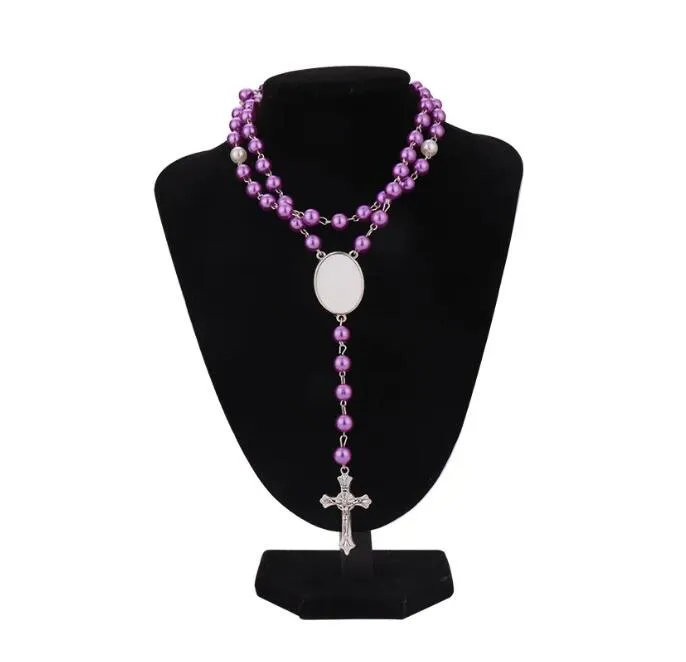 2023 New Trendy Sublimation Blank Rosary Necklace Cross Pendant Necklace With Oval Insert Diy Photos Gift