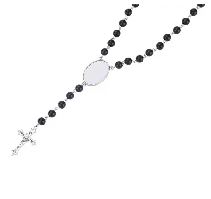 2023 New Trendy Sublimation Blank Rosary Necklace Cross Pendant Necklace With Oval Insert Diy Photos Gift