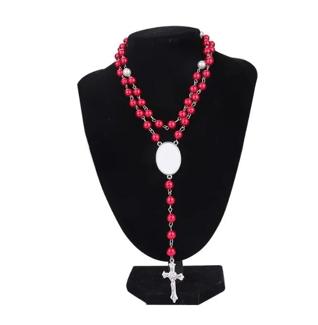2023 New Trendy Sublimation Blank Rosary Necklace Cross Pendant Necklace With Oval Insert Diy Photos Gift