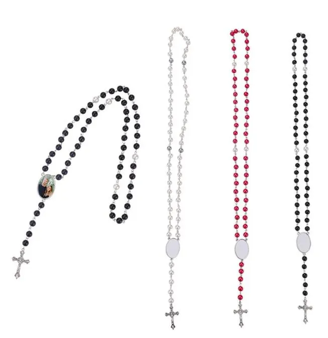 2023 New Trendy Sublimation Blank Rosary Necklace Cross Pendant Necklace With Oval Insert Diy Photos Gift