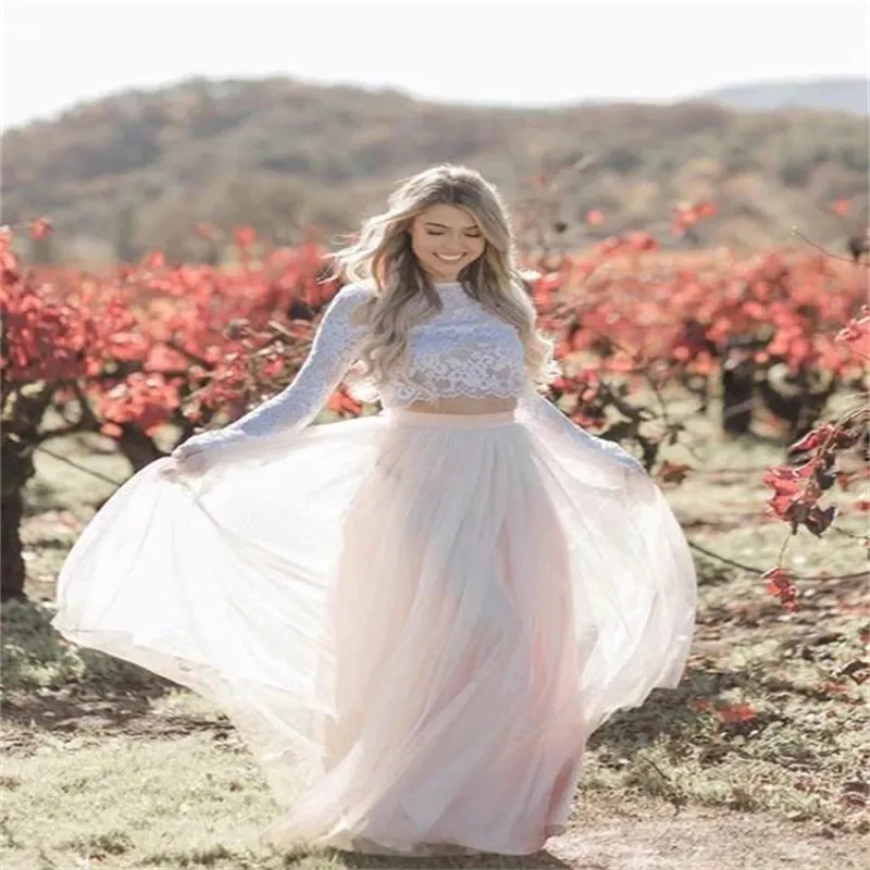 Boho Two Piece Boho Lace Wedding Dress With Top Lace Long Sleeves And Pink Rustic Country Civil Bride Gown 2023 Collection From Bridalstore 87.67 DHgate.Com
