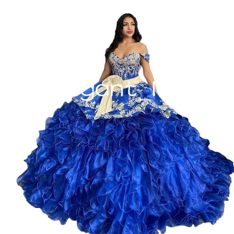 Royal Blue Off-Shoulder Mexican dress of quinceanera...