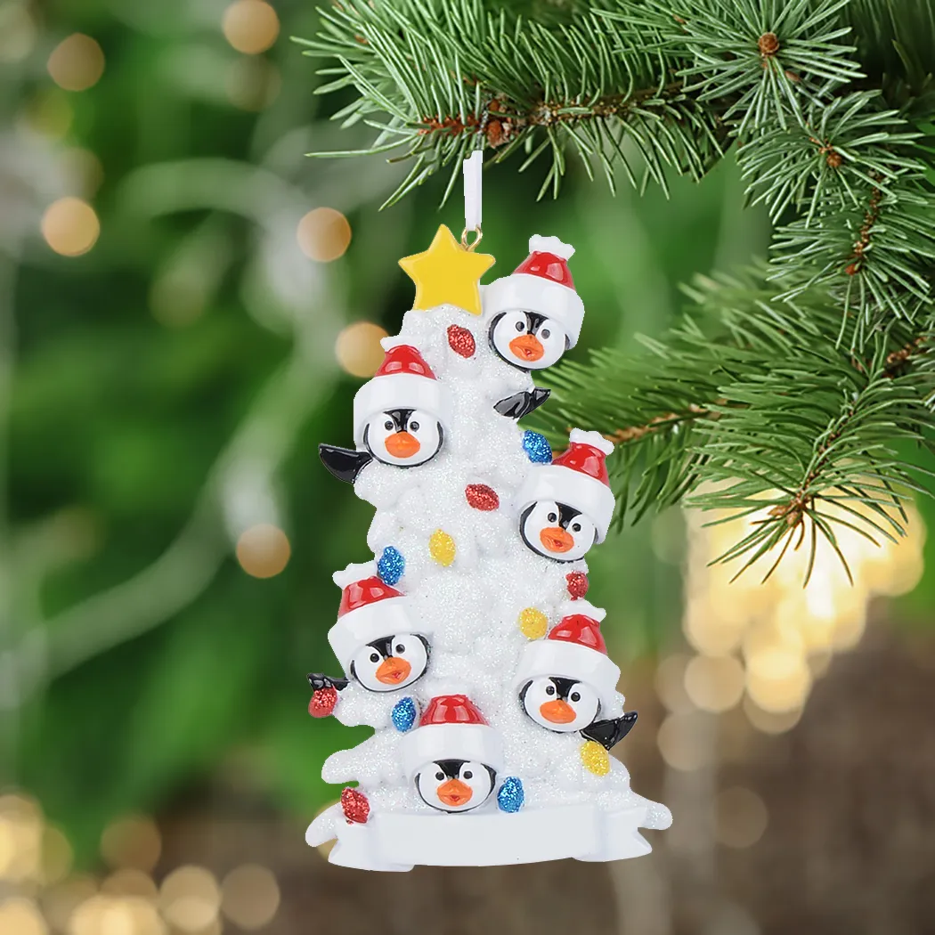 Personalized White Penguin Family Of 6 Resin Ornaments For