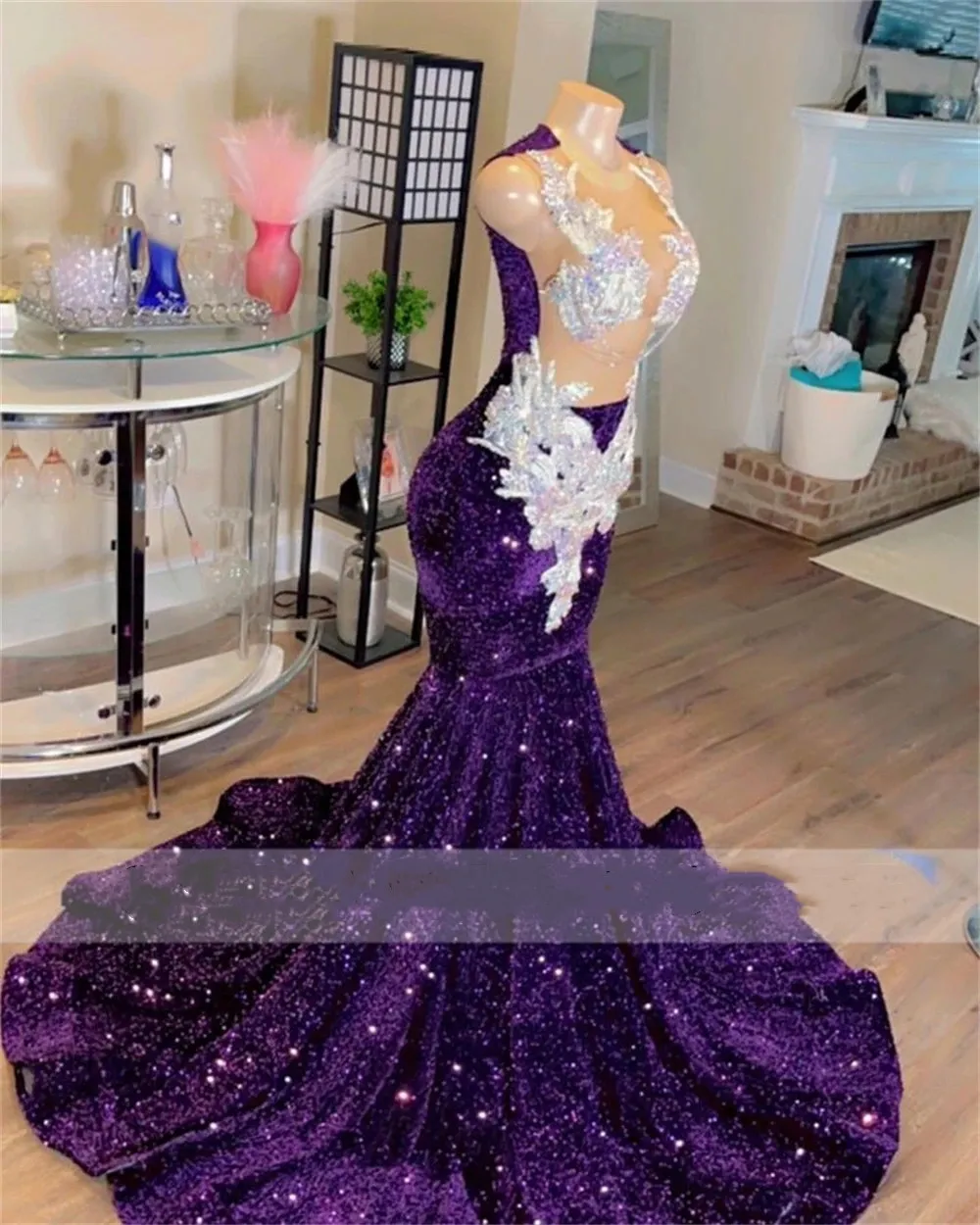 Sexy Purple Sequins Prom Dress 2023 Illusion Lace Appliques Pluls Size Backless Formal Birthday Party Gowns Robe De Bal