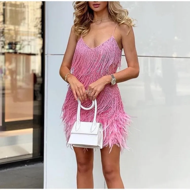 Feather Patchwork Fringe Sequin Cocktail Dress For Women For
