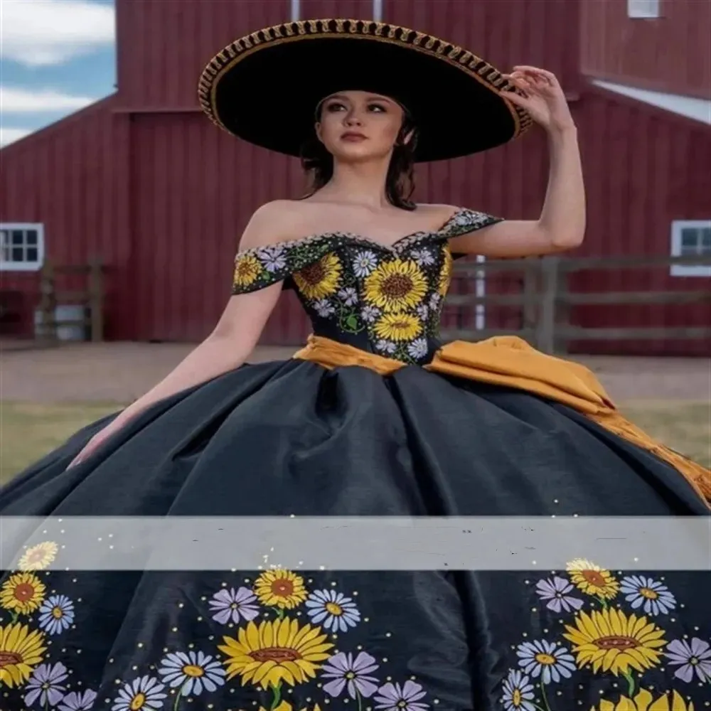 Off Shoulder Black Lace Sunflower 15 Dress With Mexican Laces And