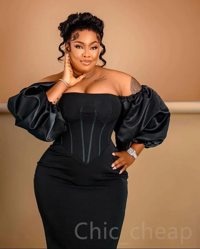 Black Satin Sheath Puffy Sleeve Prom Dress 2023 Aso Ebi Formal