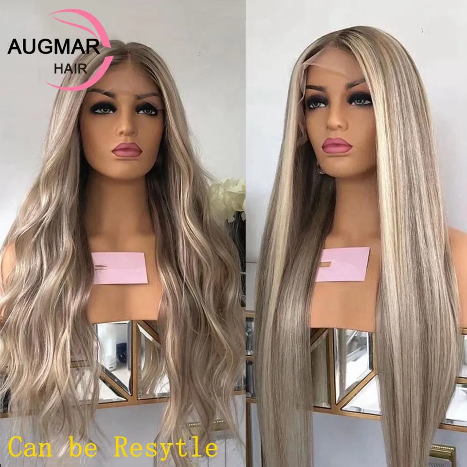 Long Ash Blonde Highlight Lace Front Wig Human Hair Brown mixed blonde Straight Hd Transparent Lace Frontal Wig For Women Synthetic Heat Resistant