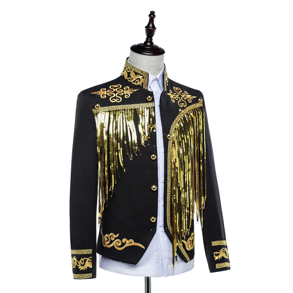 Paillettes noires masculines conjoint a la veste a la veste collier slim fit de manteau de marge de marge de frange pour le bar de la chanteuse de