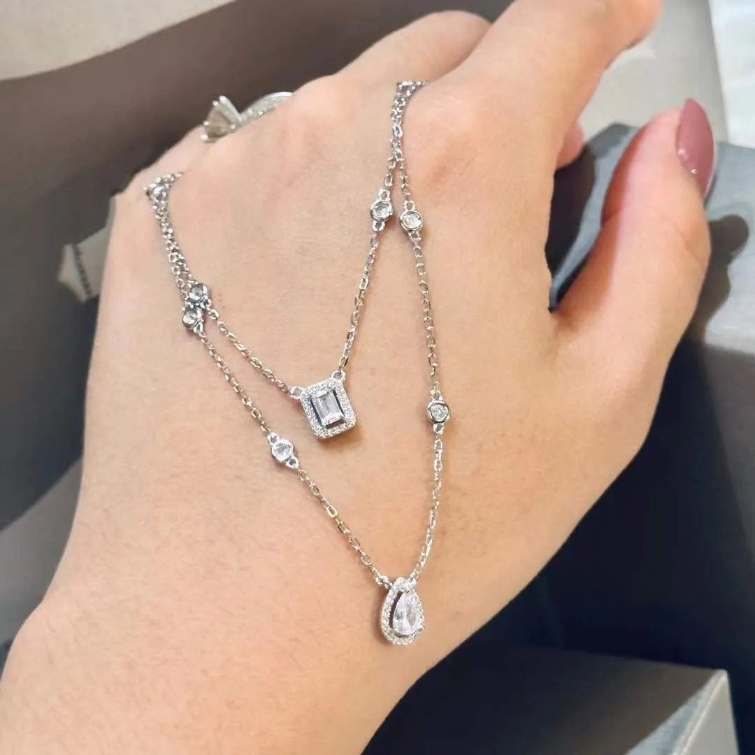 Luxury Crystal Water Drop Necklace Women 925 Sterling Silver Zircon Rectangle Pendant Wedding Ice Diamond Jewelry Engagement Double Chain Choker