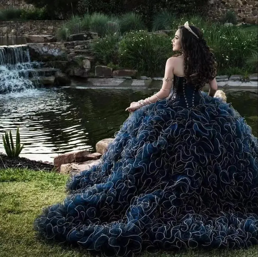 Azul Marino Quincea era Vestidos Cuentas Apliques Cari o Volantes