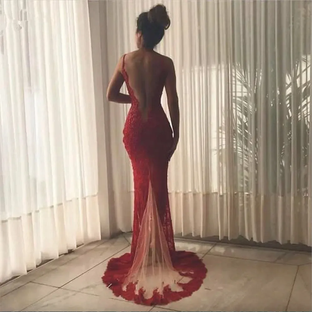 Red lace open back dress deals