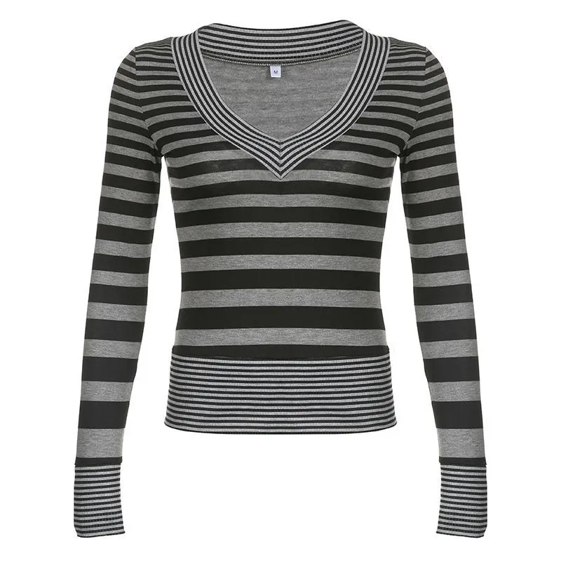 2024年のクリスマス Grunge Fairy Knitted Neck V Striped Y2K Top Long Women For トップス