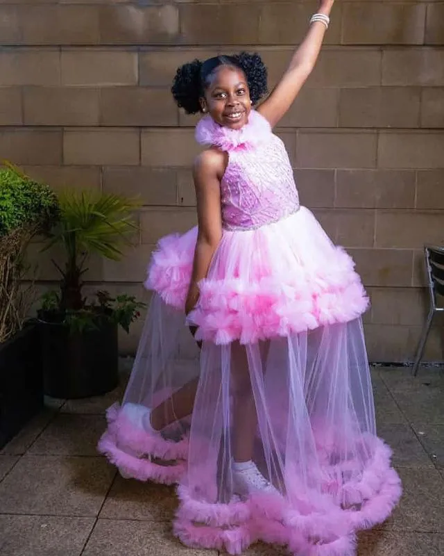 Pink Lace Flower Girl Mardi Gras Gowns With Tulle, Beaded