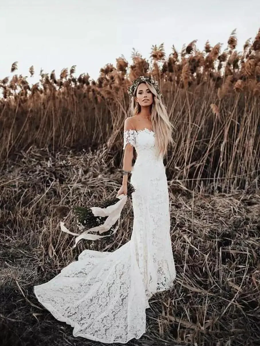 Custom Made 2023 White Lace Off Shoulder Boho Lace Wedding Dress