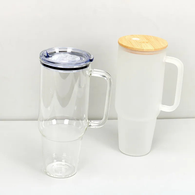 Sublimation 32/40oz Glass Tumbler with Handle & Bamboo Lid