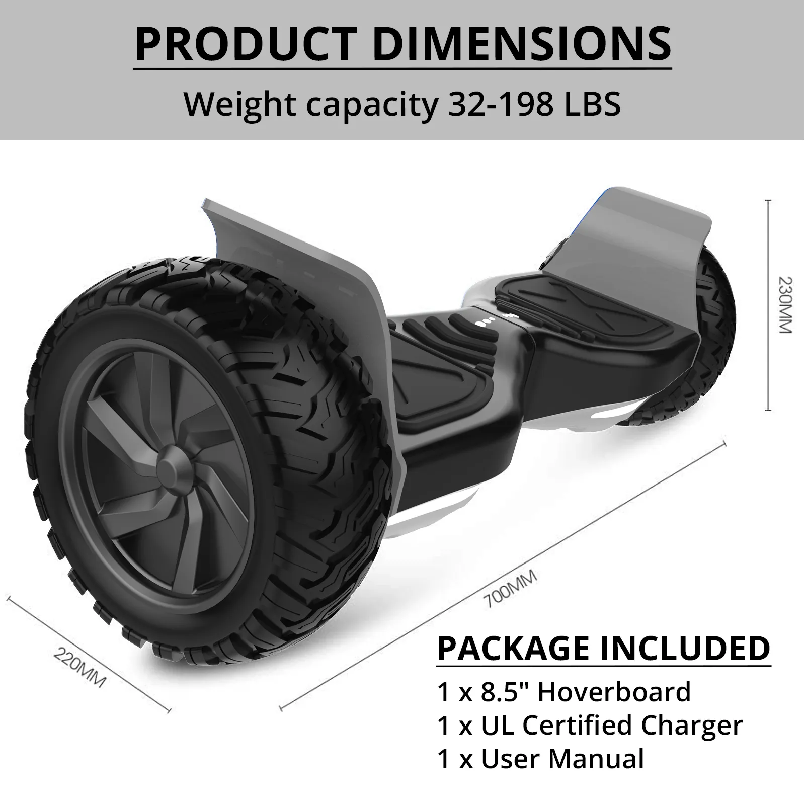 Off Road Hoverboard 8.5 Inch All Terrain Electric Self Balancing Scooter with Bluetooth for Adults and Kids IP54 Waterproof Aluminum Alloy Frame