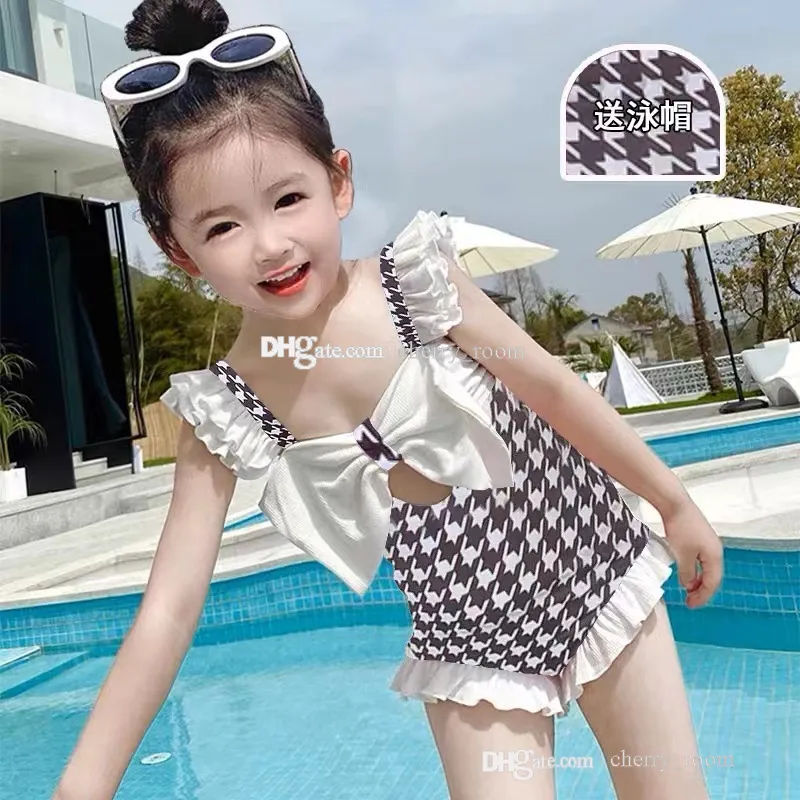 Houndstooth Ruffle Princess Swimsuit for Girls One Piece Swimwear with Back Bowknot for Summer and Beach