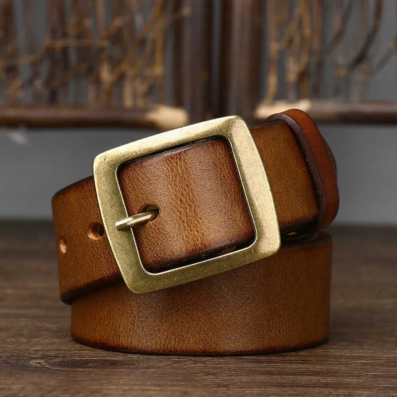 YUEMOL Men's Vintage Leather Belt - 3.8cm Wide, Solid Brass Buckle, Adjustable For Jeans & Trousers (Color A, 115cm)