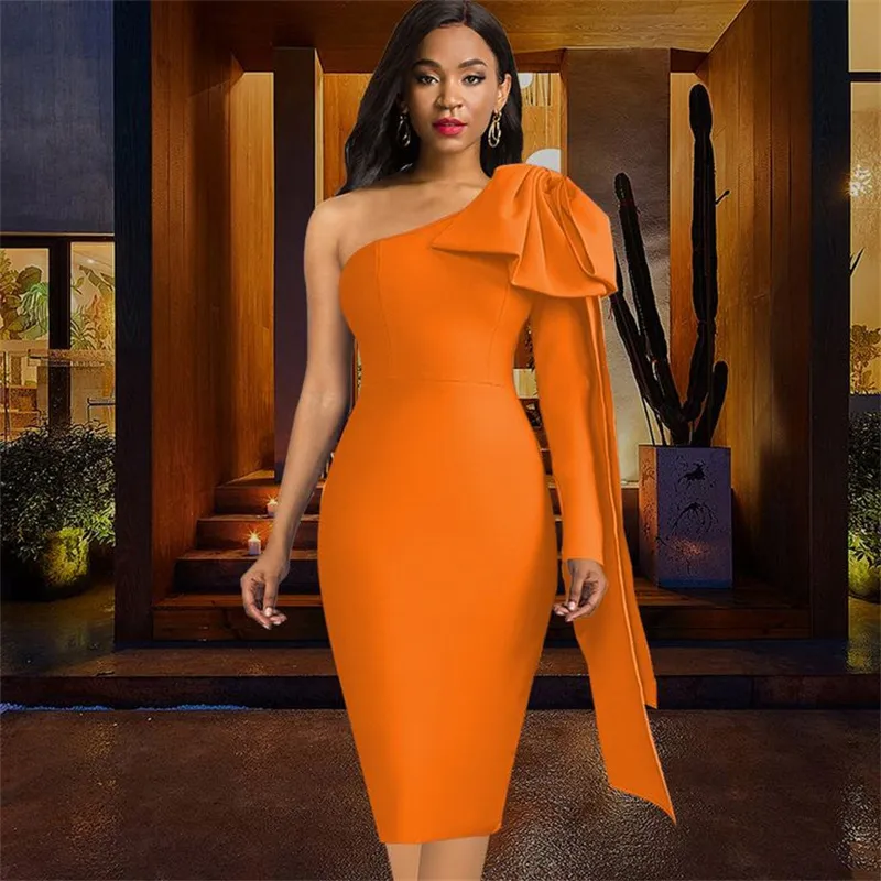 One Shoulder Royal Blue Evening Dress 2023 With Big Bow Chic Tight Knee Length Prom Dress For Black Girls Elegant Orange Party Vestidos De Noche