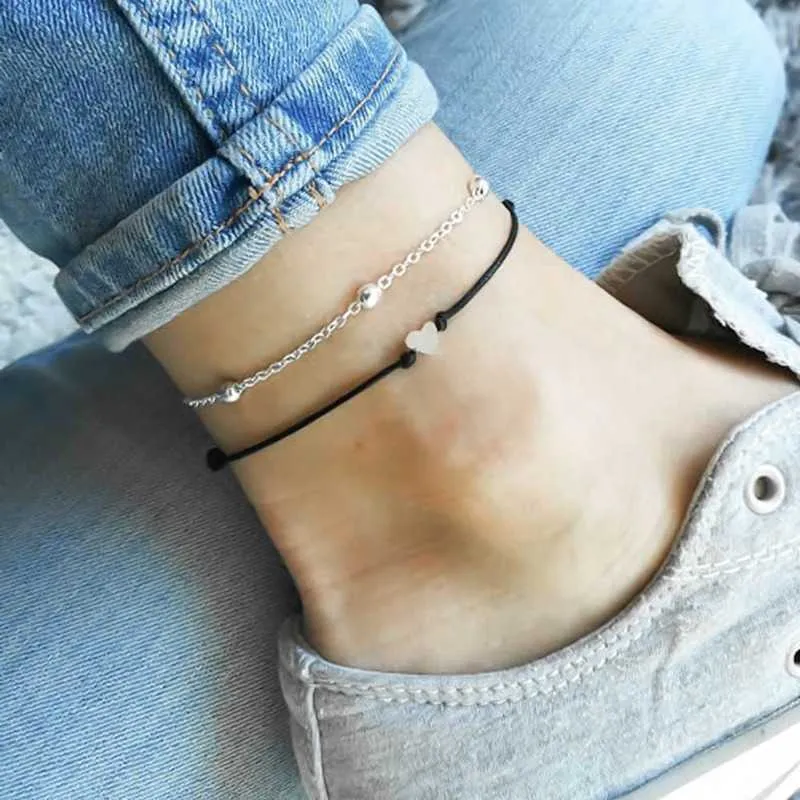 Anklets Ladies Double Ankle Chain Heart Pendant Black Leather Rope