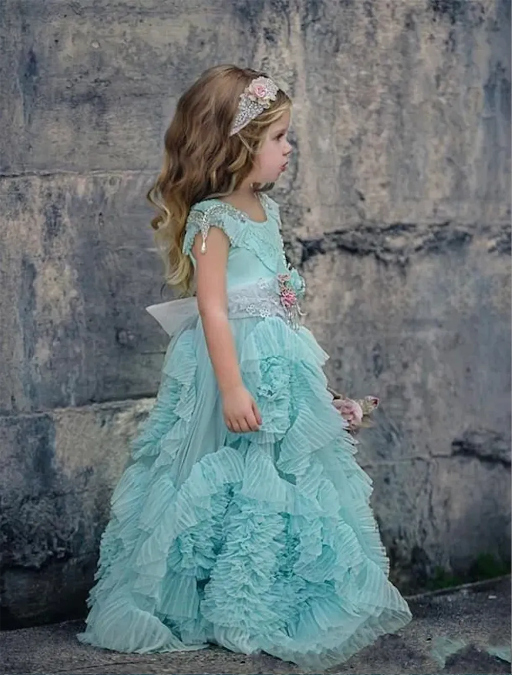 2023 Mint Green Flower Girl Dresses Special Occasion For Weddings Ruffled Kids Pageant Gowns Flowers Floor Length Lace Party Communion Dress