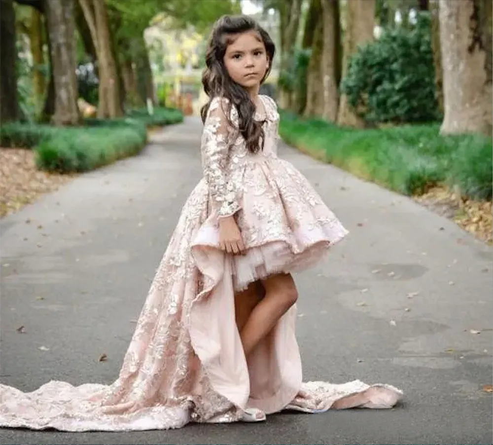 2023 Pink High Low Long Sleeve Flower Girl Dresses V Neck Lace Applique Ruffles Girls Pageant Gowns Children A Line Kids Prom Party Dres