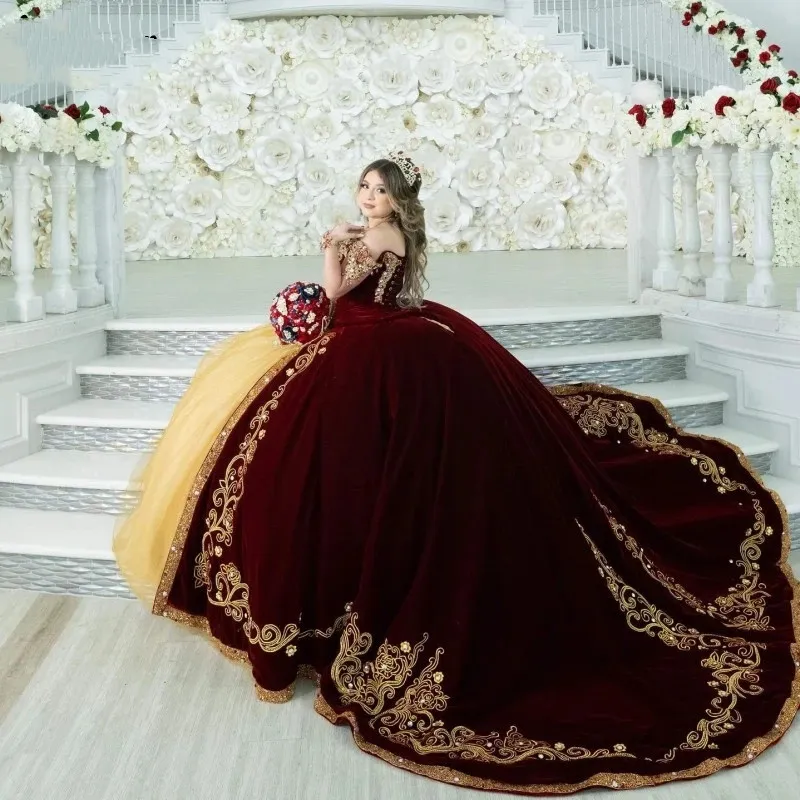 Burgundy and gold dama dresses hot sale