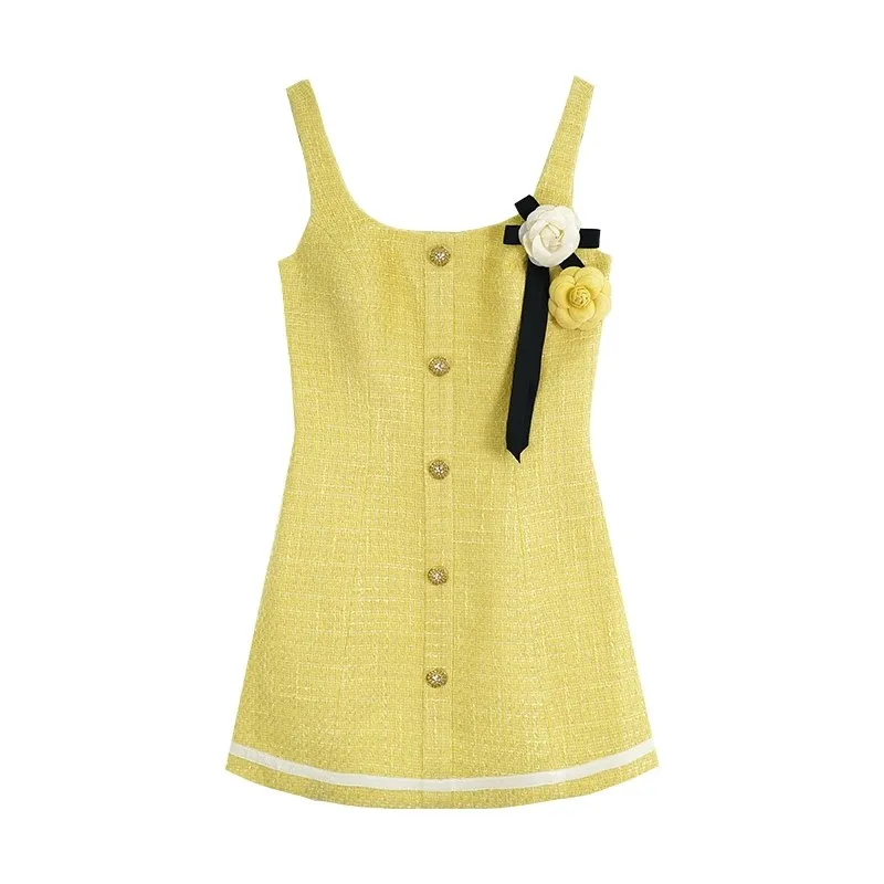 Women's yellow color sleeveless tweed woolen flower patchwork slim waist casual dress SML