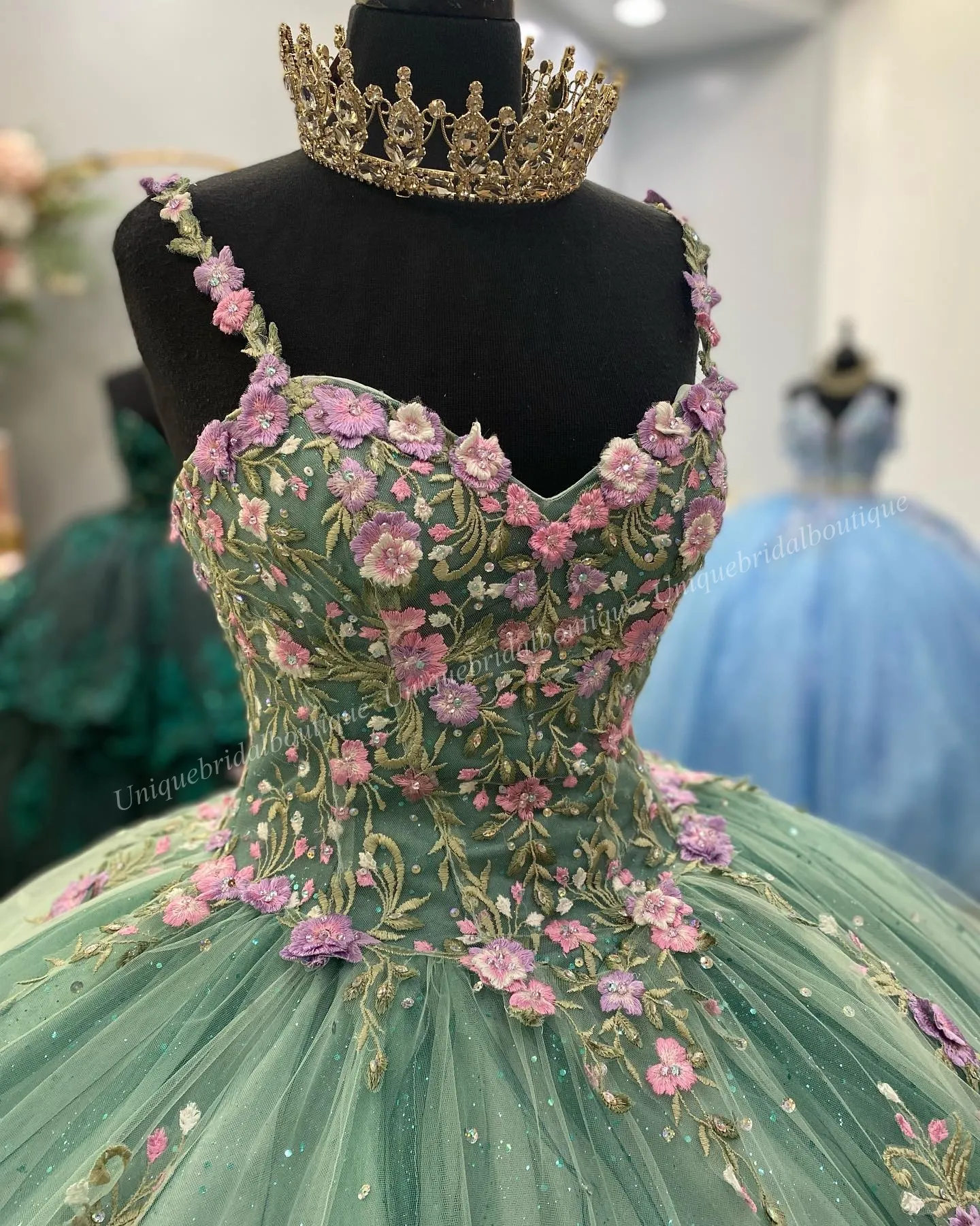 open lace back dress Juliet 1445 Sage Green Quinceañera Dress Ball Gown Sage Green / XSmall main image 1