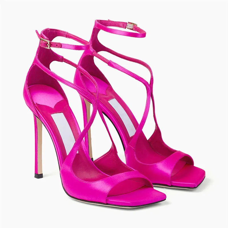 2023 Designer Satin Strappy Sandals Heels For Women Square Toe