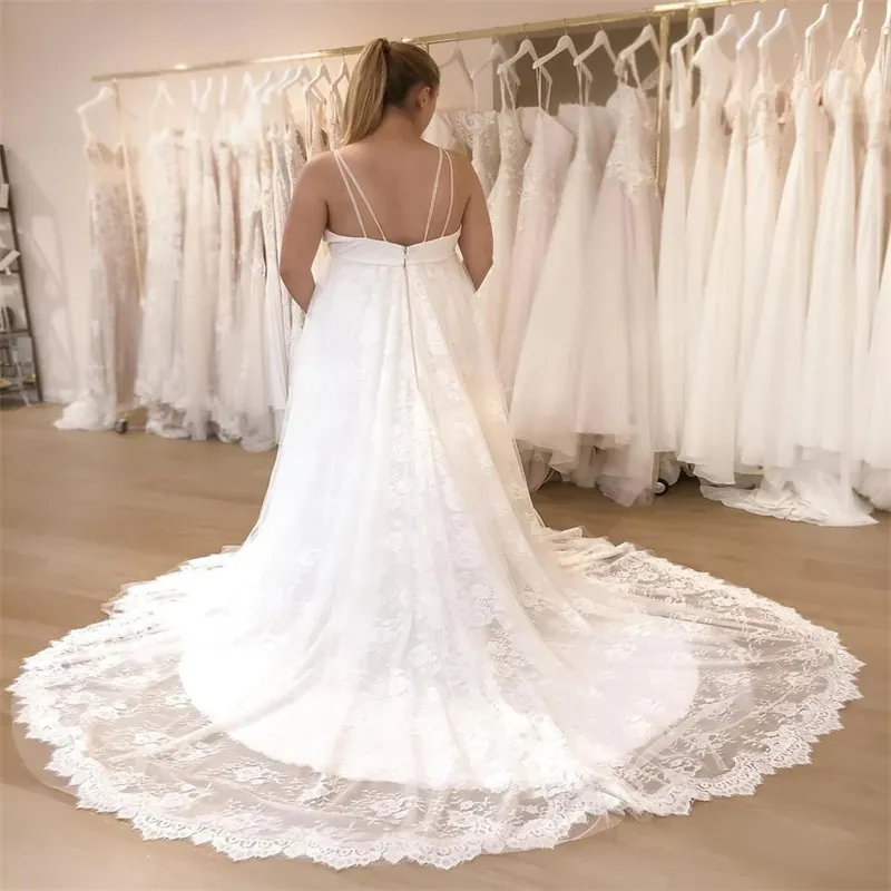 Boho Maternity wedding dress - Elegant Spaghetti Straps, Laceful Plus Size Gown for Bride with Backless Design, Sweep Train, and Tulle - Perfect for Boho Maternity wedding dress - Elegant Spaghetti Straps, Laceful Plus Size Gown for Bride with Backless Design, Sweep Train, and Tulle - Perfect for