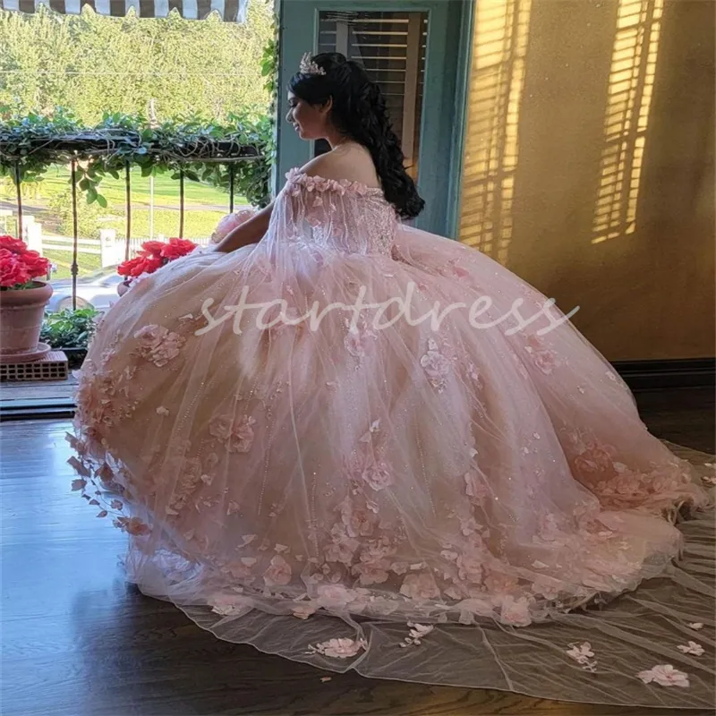 Vestidos de quincea era rosados florales en 3D de lujo Vestido de fiesta de princesa con capa Vestido de fiesta de cumplea os con cuentas Vestido