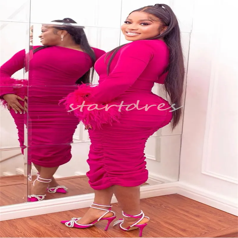 Hot Pink Plus Size Evening Dress Long Sleeve Midi Sheath Prom Dress with  Feather Embellishments from Dhgate Evening Dresses - price 96.85