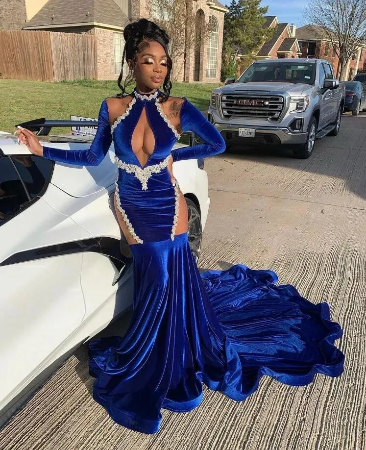 Royal Blue Velvet Prom Dress Applique Beaded Jewel Neck 3/4 Sleeve Sweep  Train from Dhgate Prom Dresses