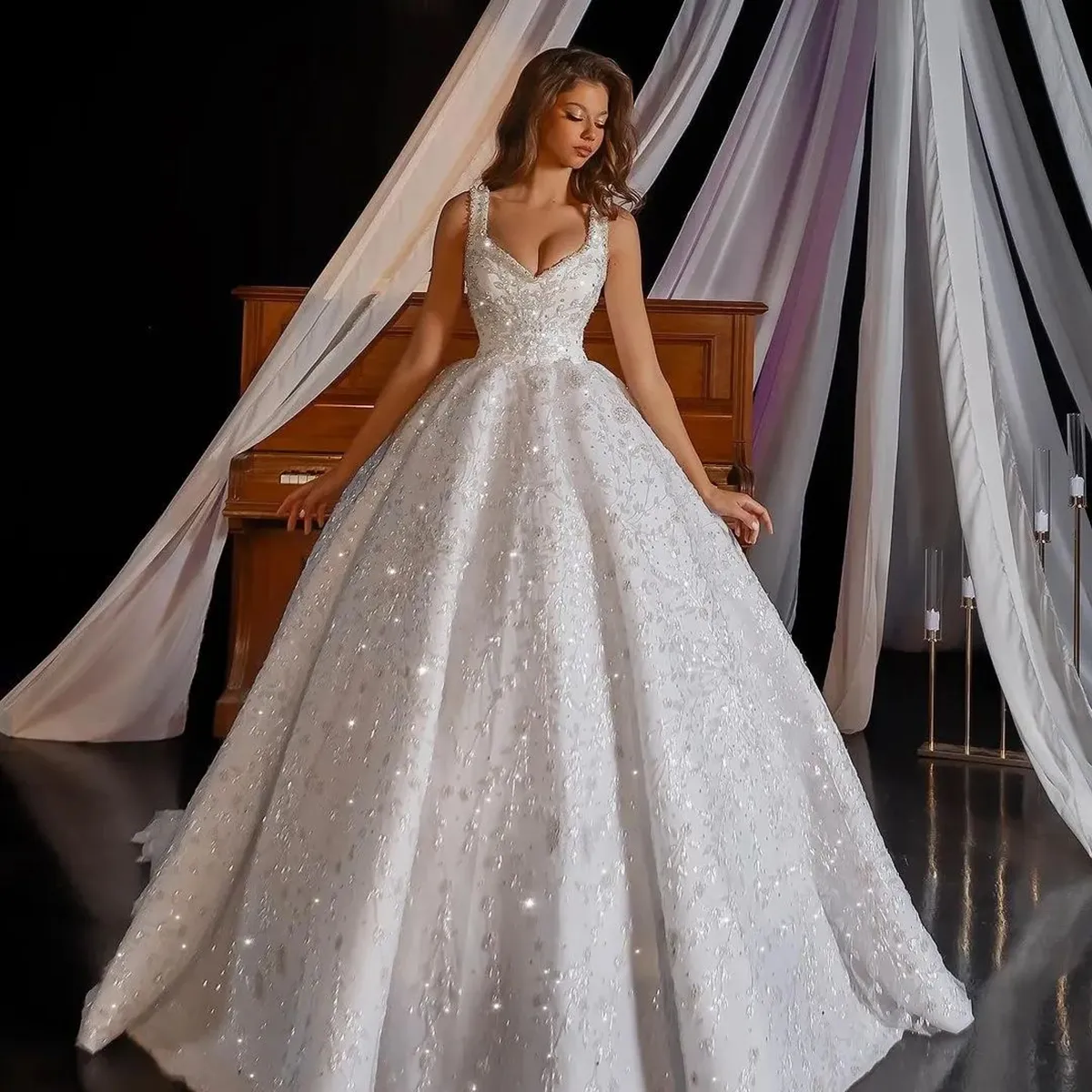 Sparkly Princess Wedding Dresses V Neck Spaghetti Strap Sequined Gowns with  Beads and 3D Floral Appliques Sweep Train Bridal Dress from Dhgate Ball Gown  Wedding Dresses - price 283.57