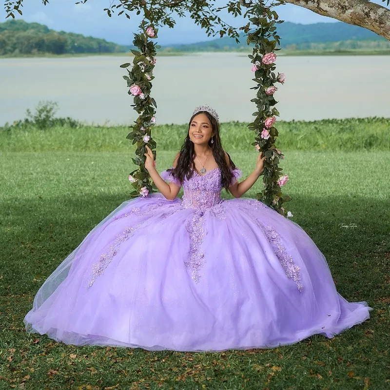Lavender Shiny Off the Shoulder Quinceanera Dresses Strapless Tulle Appliques Lace Beads Formal Cinderella Birthday Sweet 15 Party Ball Gown