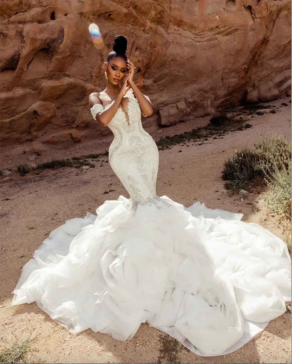 knee length dresses for ladies Lace Mermaid Wedding Dress with Dropped Off the Shoulder main image 1